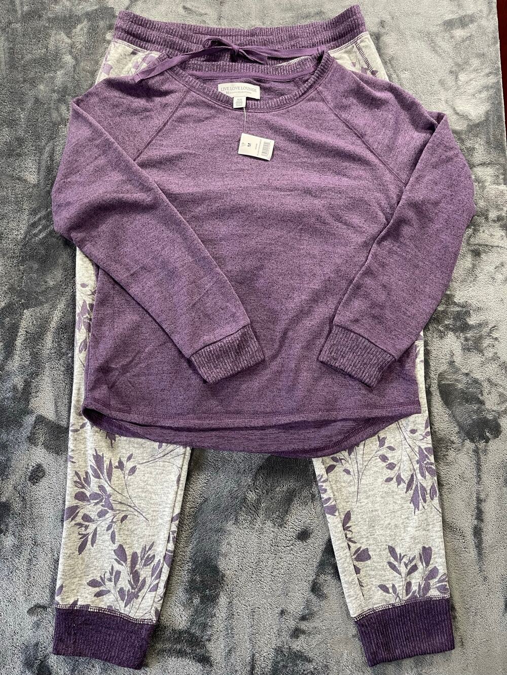 Live Love Lounge Pajama Set Womens Medium Purple Long Sleeve Floral Joggers NWT
